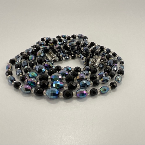 Vtg Black Aurora Borealis Crystal Necklace Vintage 5 Strand Statement Necklace - Picture 4 of 9